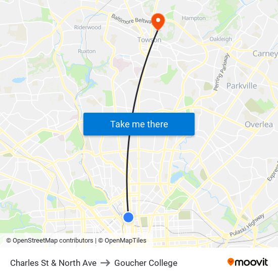 Charles St & North Ave to Goucher College map