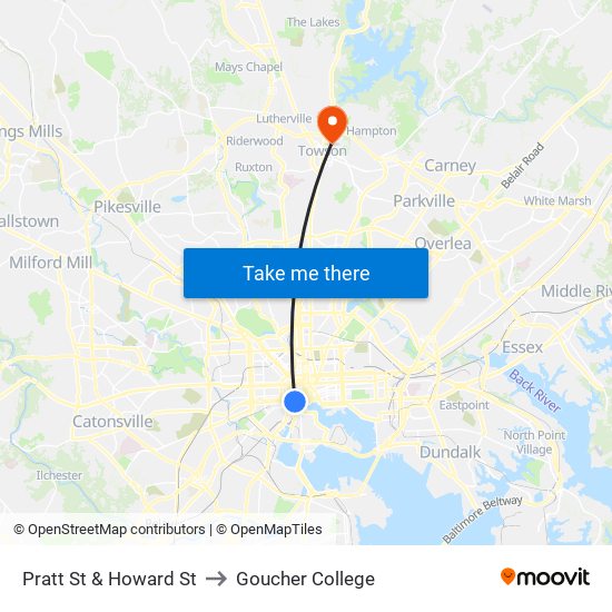 Pratt St & Howard St to Goucher College map