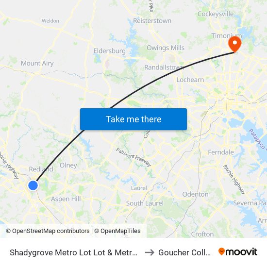 Shadygrove Metro Lot Lot & Metro Lot to Goucher College map