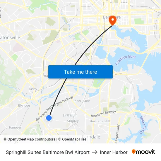 Springhill Suites Baltimore Bwi Airport to Inner Harbor map