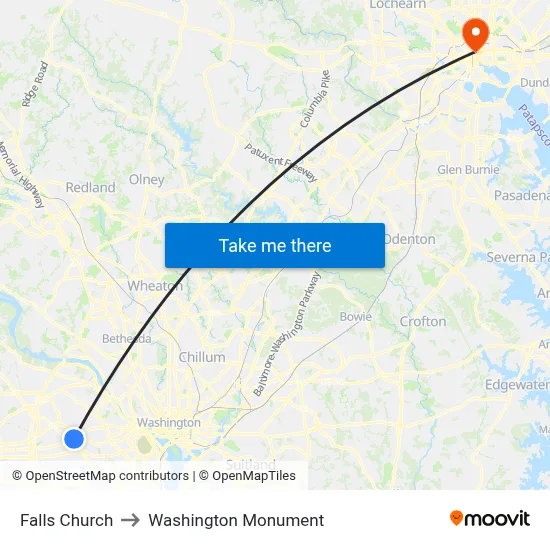Falls Church to Washington Monument map
