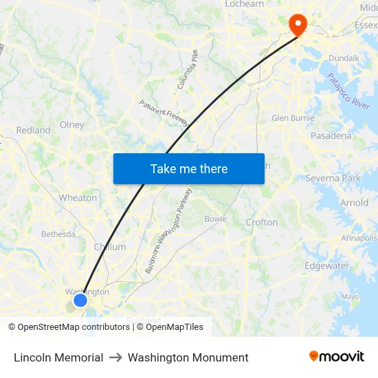 Lincoln Memorial to Washington Monument map