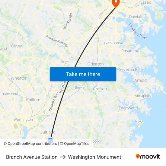 Branch Avenue Station to Washington Monument map