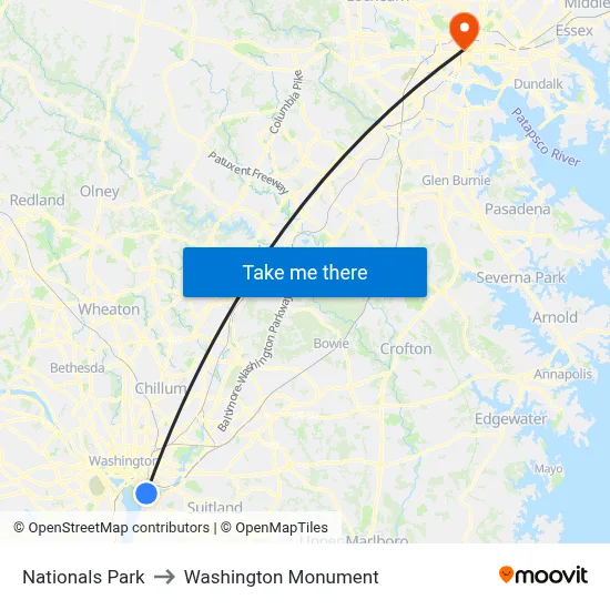 Nationals Park to Washington Monument map