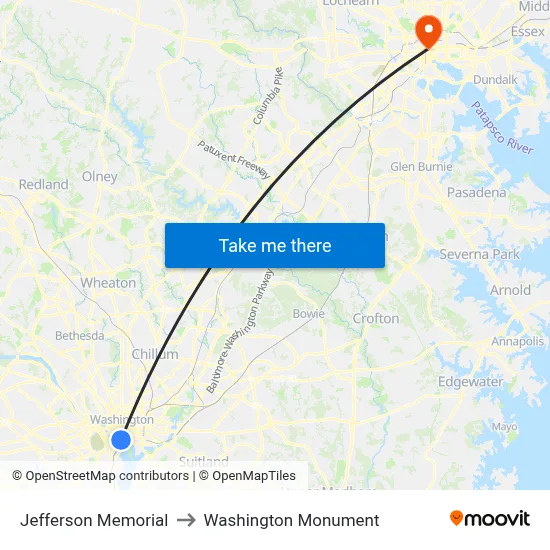 Jefferson Memorial to Washington Monument map