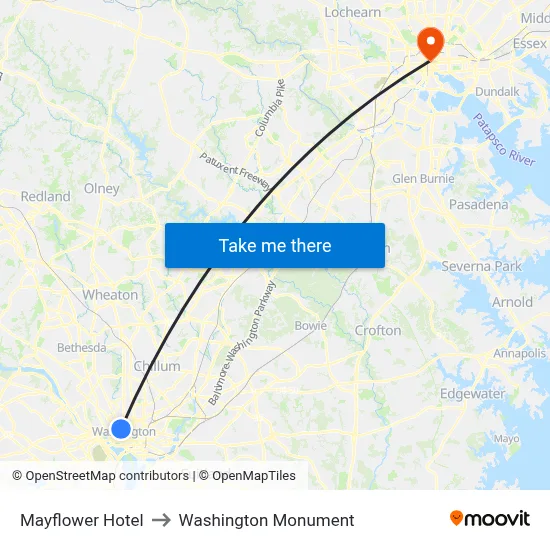 Mayflower Hotel to Washington Monument map