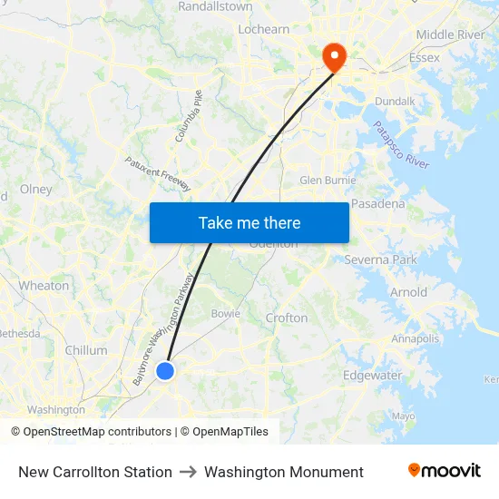 New Carrollton Station to Washington Monument map
