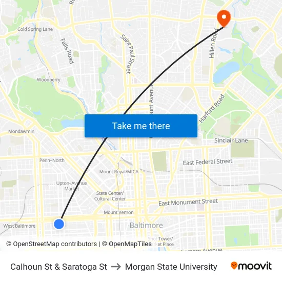 Calhoun St & Saratoga St to Morgan State University map