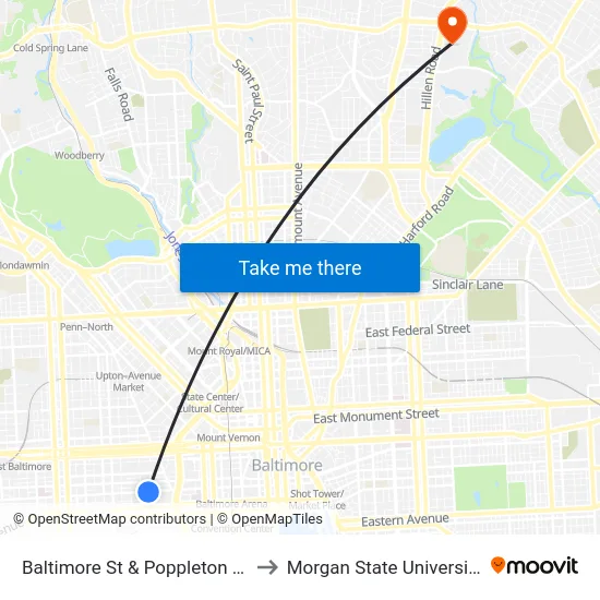 Baltimore St & Poppleton St to Morgan State University map