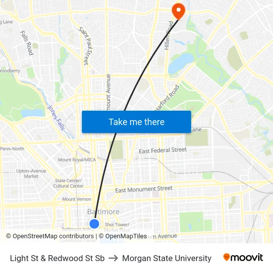 Light St & Redwood St Sb to Morgan State University map