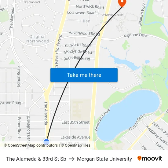 The Alameda & 33rd St Sb to Morgan State University map
