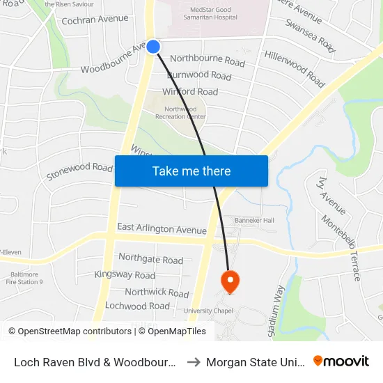 Loch Raven Blvd & Woodbourne Ave Nb to Morgan State University map