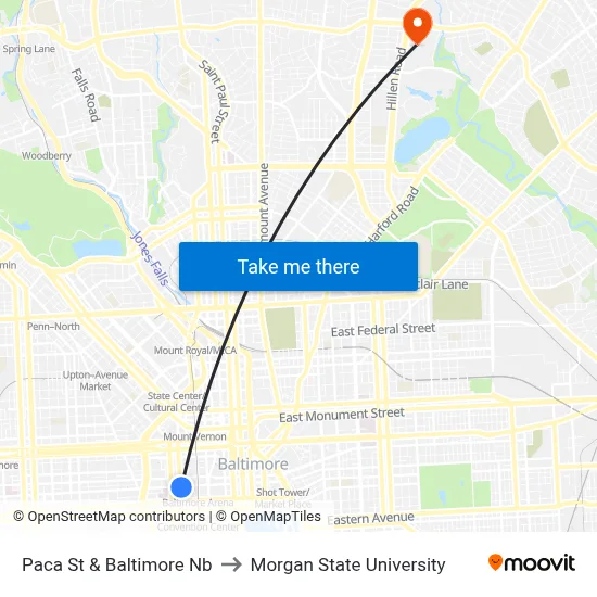 Paca St & Baltimore Nb to Morgan State University map