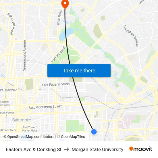 Eastern Ave & Conkling St to Morgan State University map