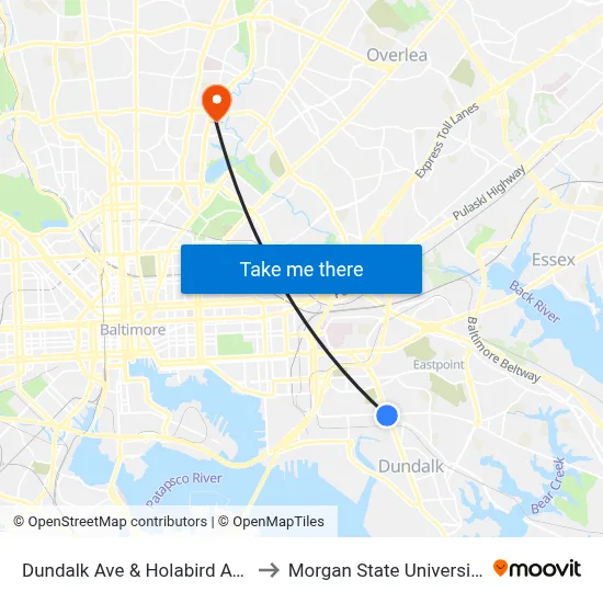 Dundalk Ave & Holabird Ave to Morgan State University map