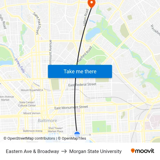 Eastern Ave & Broadway to Morgan State University map
