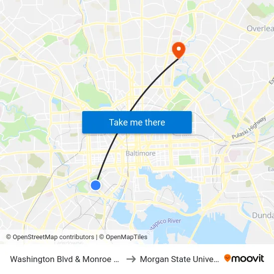 Washington Blvd & Monroe St Wb to Morgan State University map