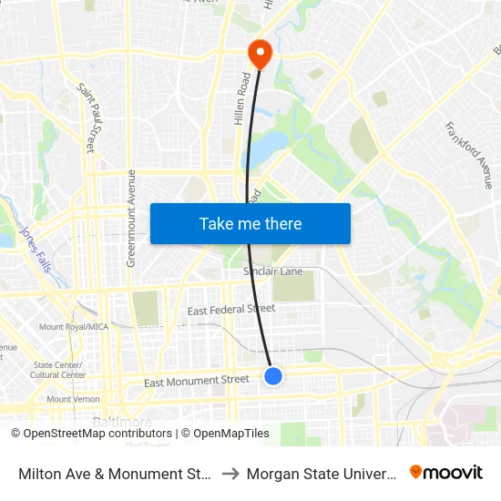 Milton Ave & Monument St Nb to Morgan State University map