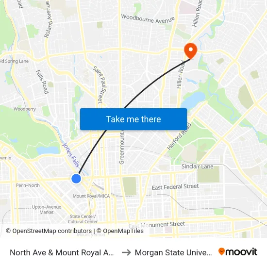 North Ave & Mount Royal Ave Eb to Morgan State University map
