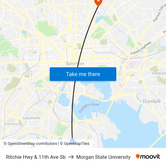 Ritchie Hwy & 11th Ave Sb to Morgan State University map