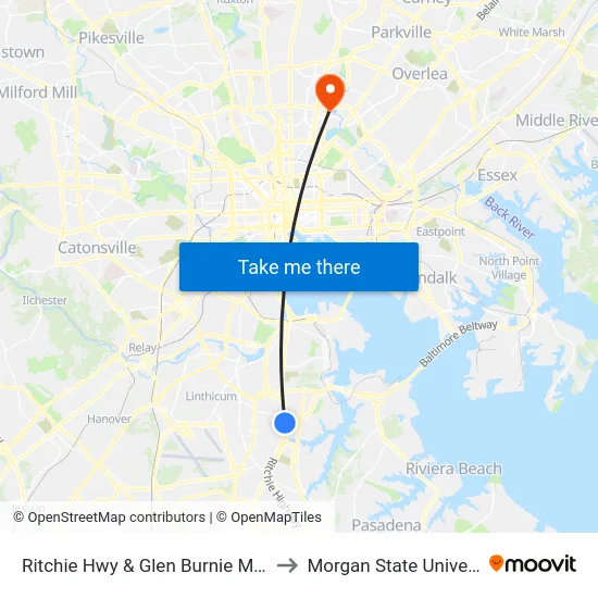 Ritchie Hwy & Glen Burnie Mall Nb to Morgan State University map