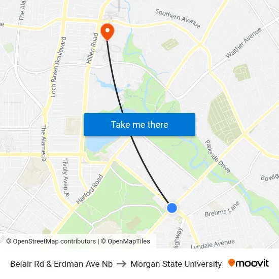 Belair Rd & Erdman Ave Nb to Morgan State University map