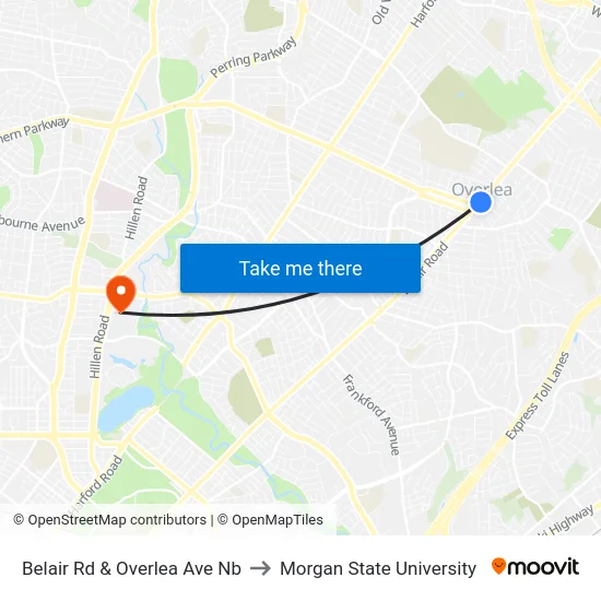 Belair Rd & Overlea Ave Nb to Morgan State University map