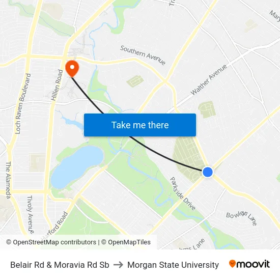 Belair Rd & Moravia Rd Sb to Morgan State University map