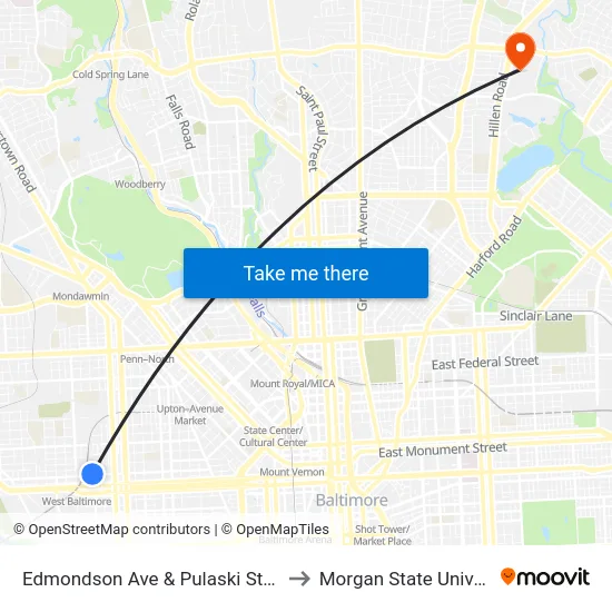 Edmondson Ave & Pulaski St FS Wb to Morgan State University map