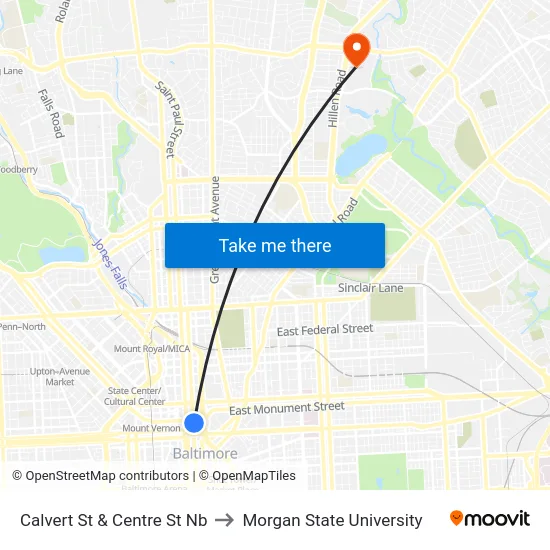 Calvert St & Centre St Nb to Morgan State University map