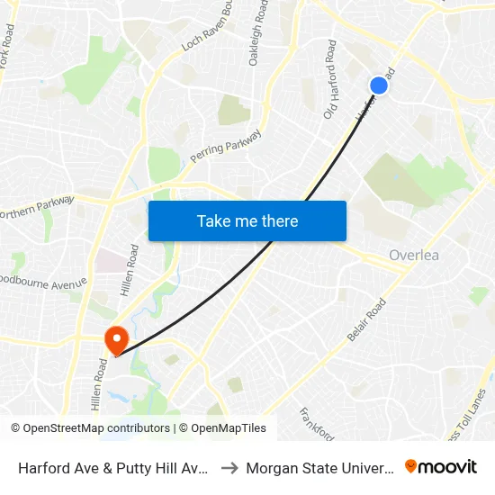 Harford Ave & Putty Hill Ave Sb to Morgan State University map