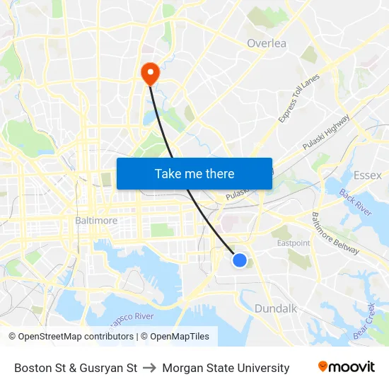 Boston St & Gusryan St to Morgan State University map