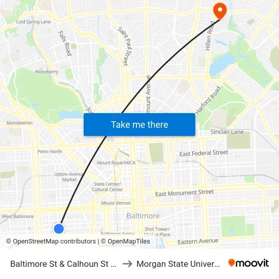 Baltimore St & Calhoun St Wb to Morgan State University map