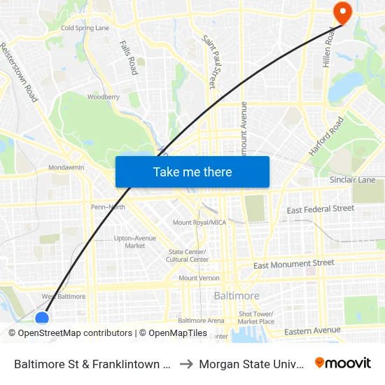 Baltimore St & Franklintown Rd Wb to Morgan State University map