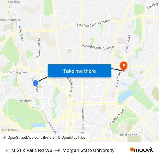 41st St & Falls Rd Wb to Morgan State University map