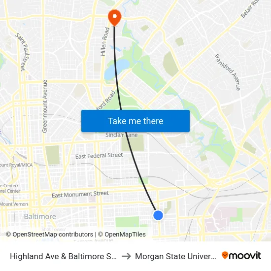 Highland Ave & Baltimore St Sb to Morgan State University map