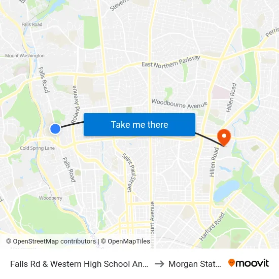 Falls Rd & Western High School And Polytechnic Institute Sb to Morgan State University map