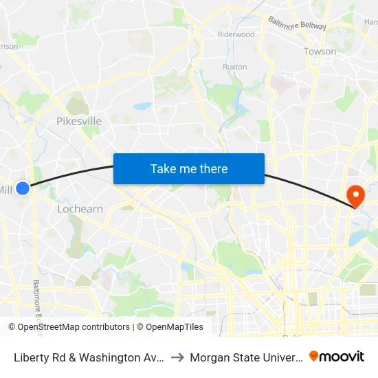 Liberty Rd & Washington Ave Sb to Morgan State University map