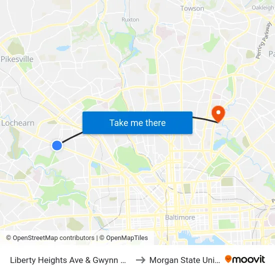 Liberty Heights Ave & Gwynn Oak Ave FS to Morgan State University map