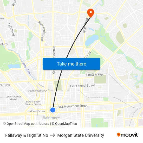 Fallsway & High St Nb to Morgan State University map