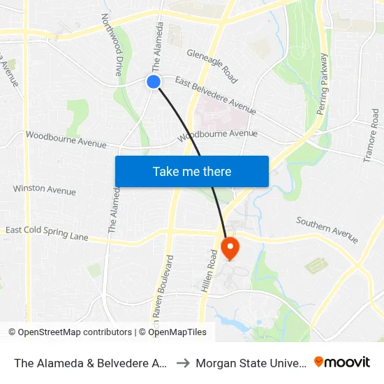 The Alameda & Belvedere Ave Nb to Morgan State University map