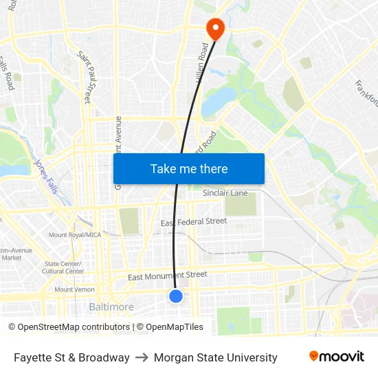 Fayette St & Broadway to Morgan State University map