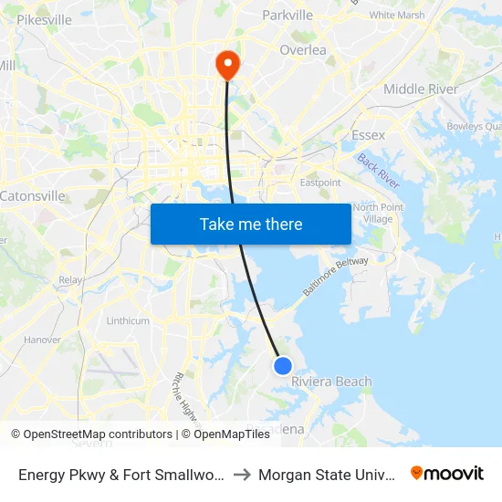 Energy Pkwy & Fort Smallwood Rd to Morgan State University map