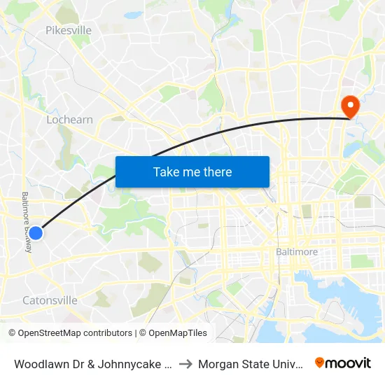 Woodlawn Dr & Johnnycake Rd Sb to Morgan State University map