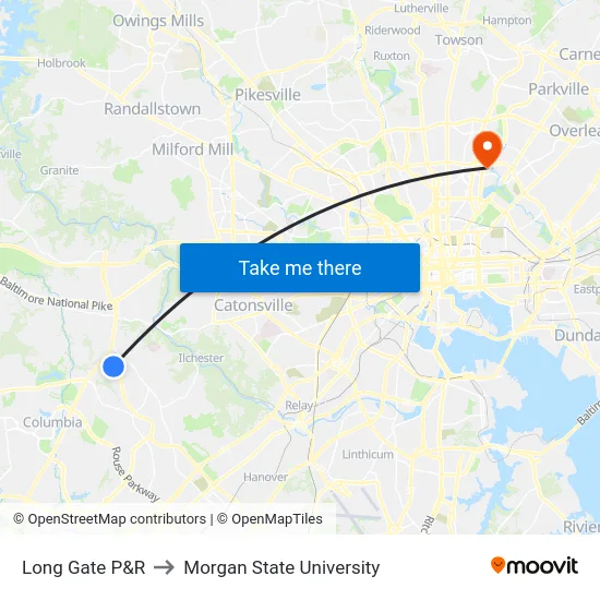 Long Gate P&R to Morgan State University map