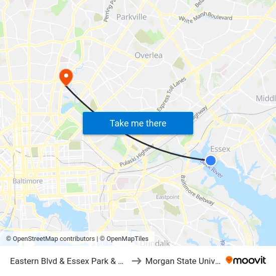 Eastern Blvd & Essex Park & Ride Wb to Morgan State University map