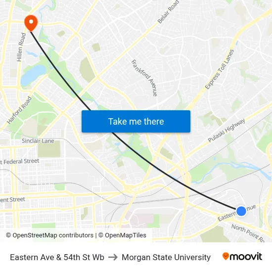 Eastern Ave & 54th St Wb to Morgan State University map