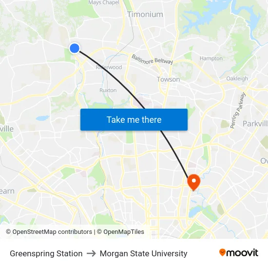 Greenspring Station to Morgan State University map