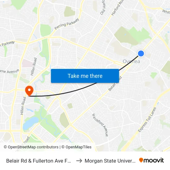 Belair Rd & Fullerton Ave FS Nb to Morgan State University map