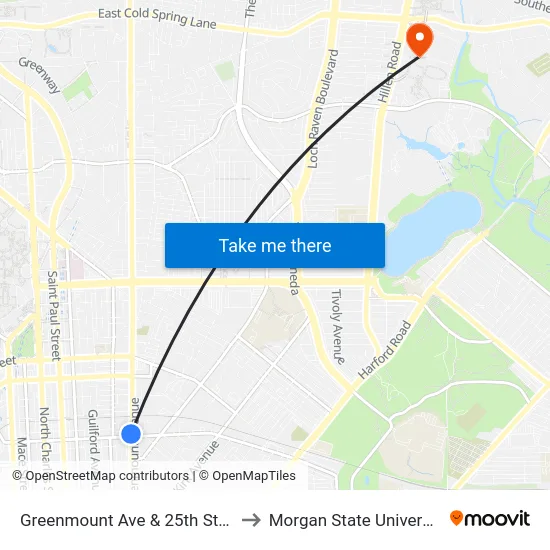 Greenmount Ave & 25th St Sb to Morgan State University map